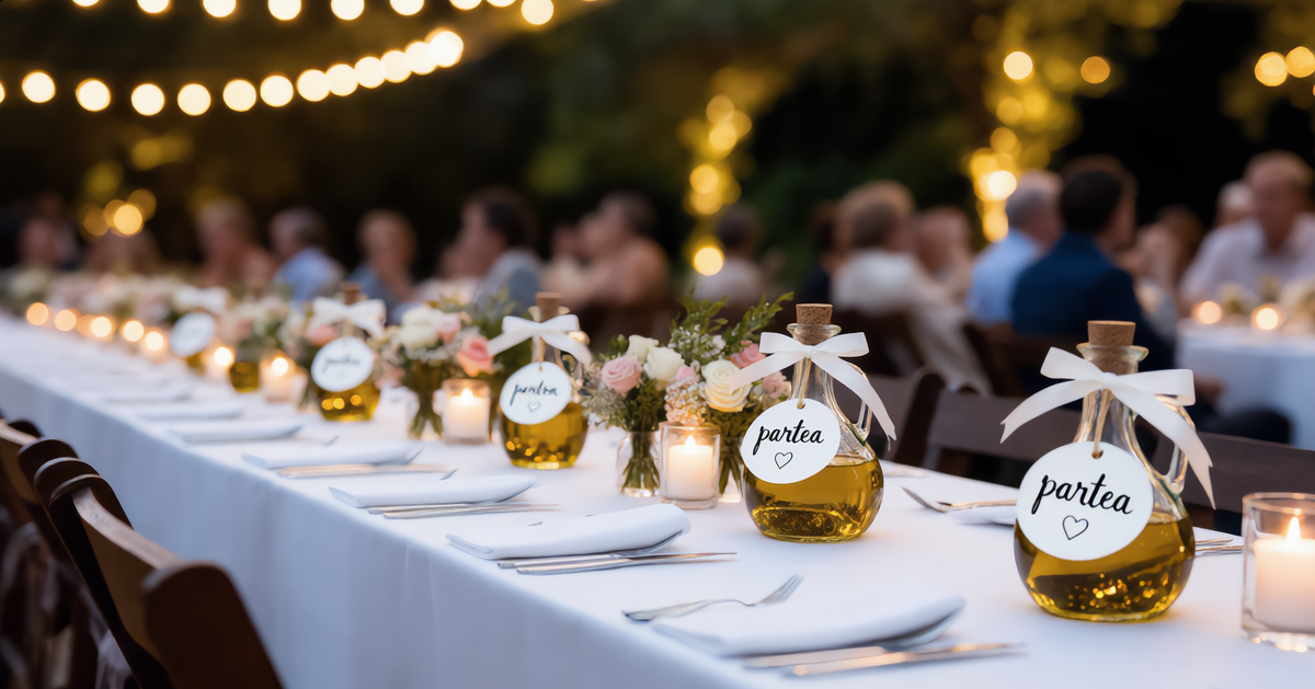 A long wedding reception table set with white tablecloths, small floral centerpieces, candles, and decorative glass bottles tied with white ribbons and labeled 'partea'. The background shows a softly blurred outdoor event scene with warm string lights and guests seated at other tables.
