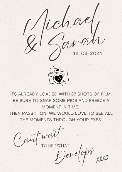 a design of an a4 print, it shows the names of the couple getting married, information about the cameras and the wedding date.