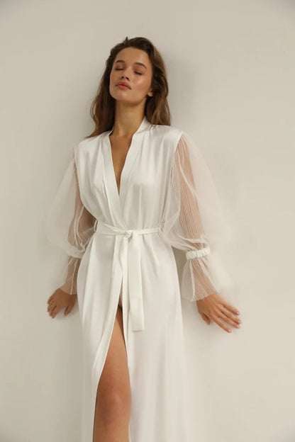 Bride Robe - Satin Sheer Sleeves