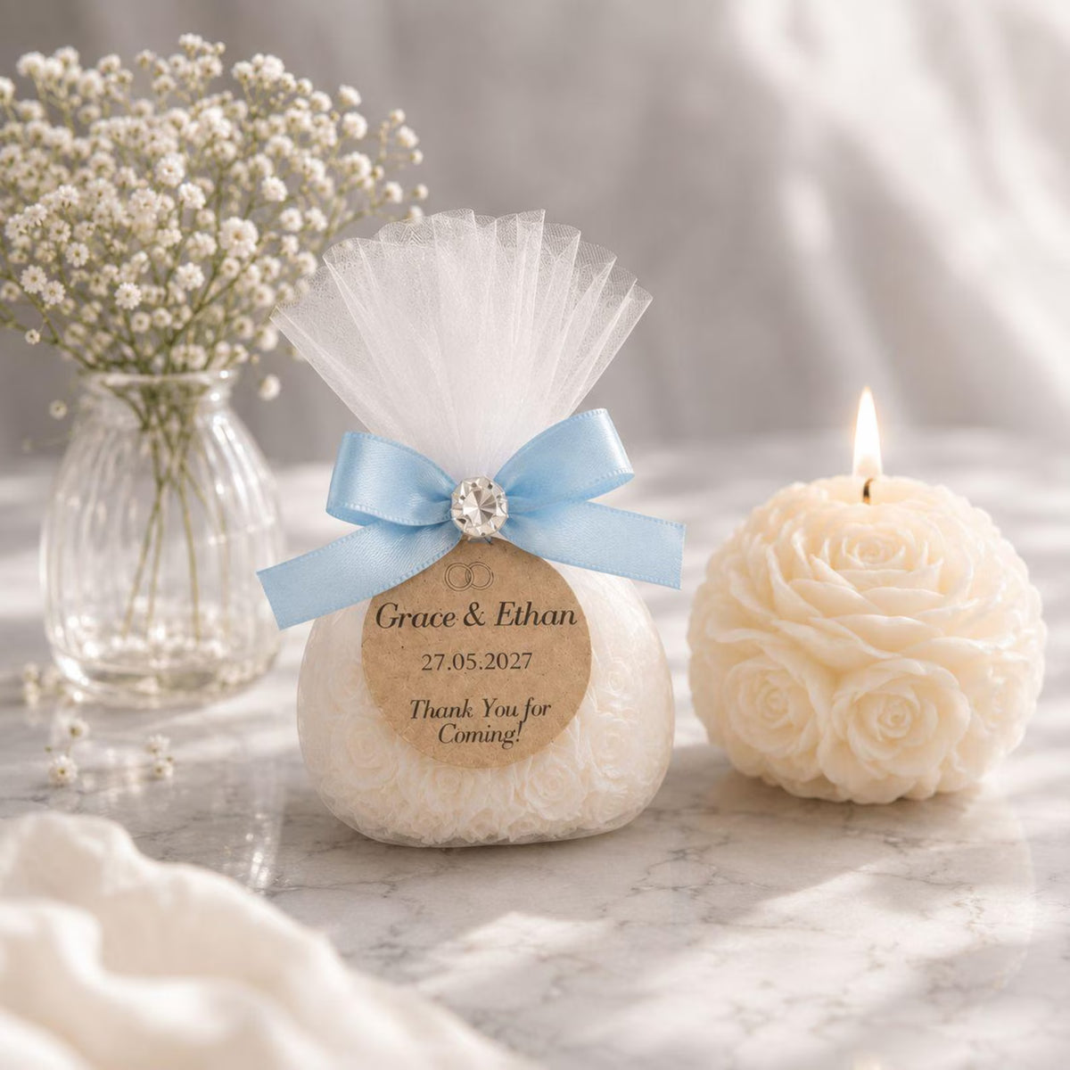 Personalised Rose Wedding Favours – Handmade Candle