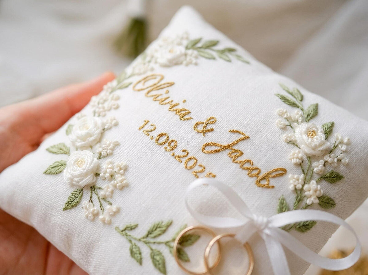 Embroidered Ring Bearer Pillow | Handmade Wedding Ceremony - Bridal Bazaar