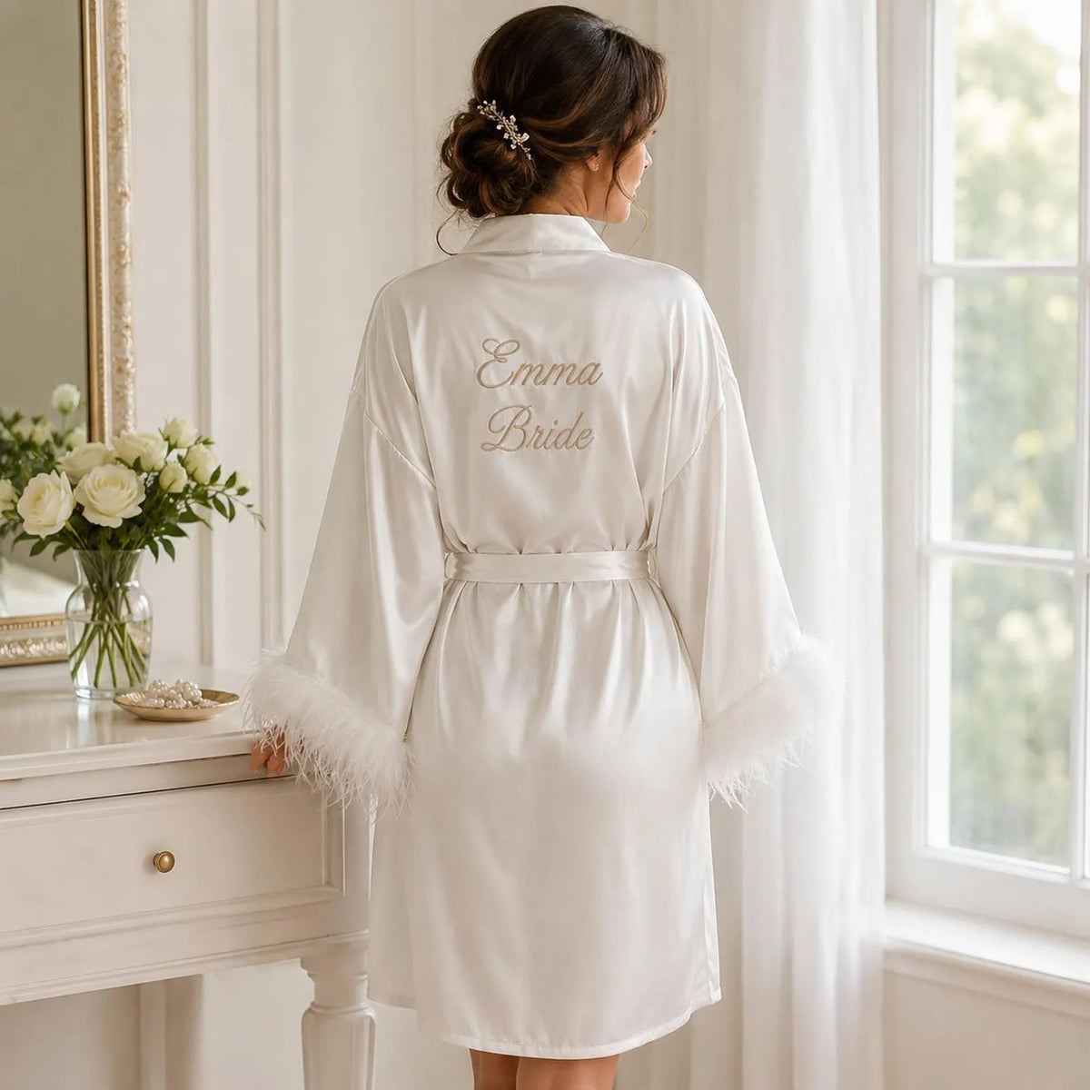 Bridal Robe with Feather Trim – Bride & Bridesmaid - Bridal Bazaar