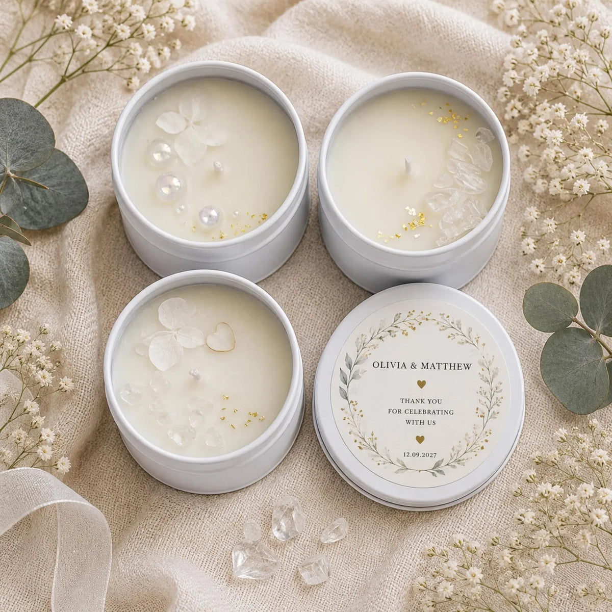Personalised Soy Candle Wedding Favours – 50ml Keepsake Tins