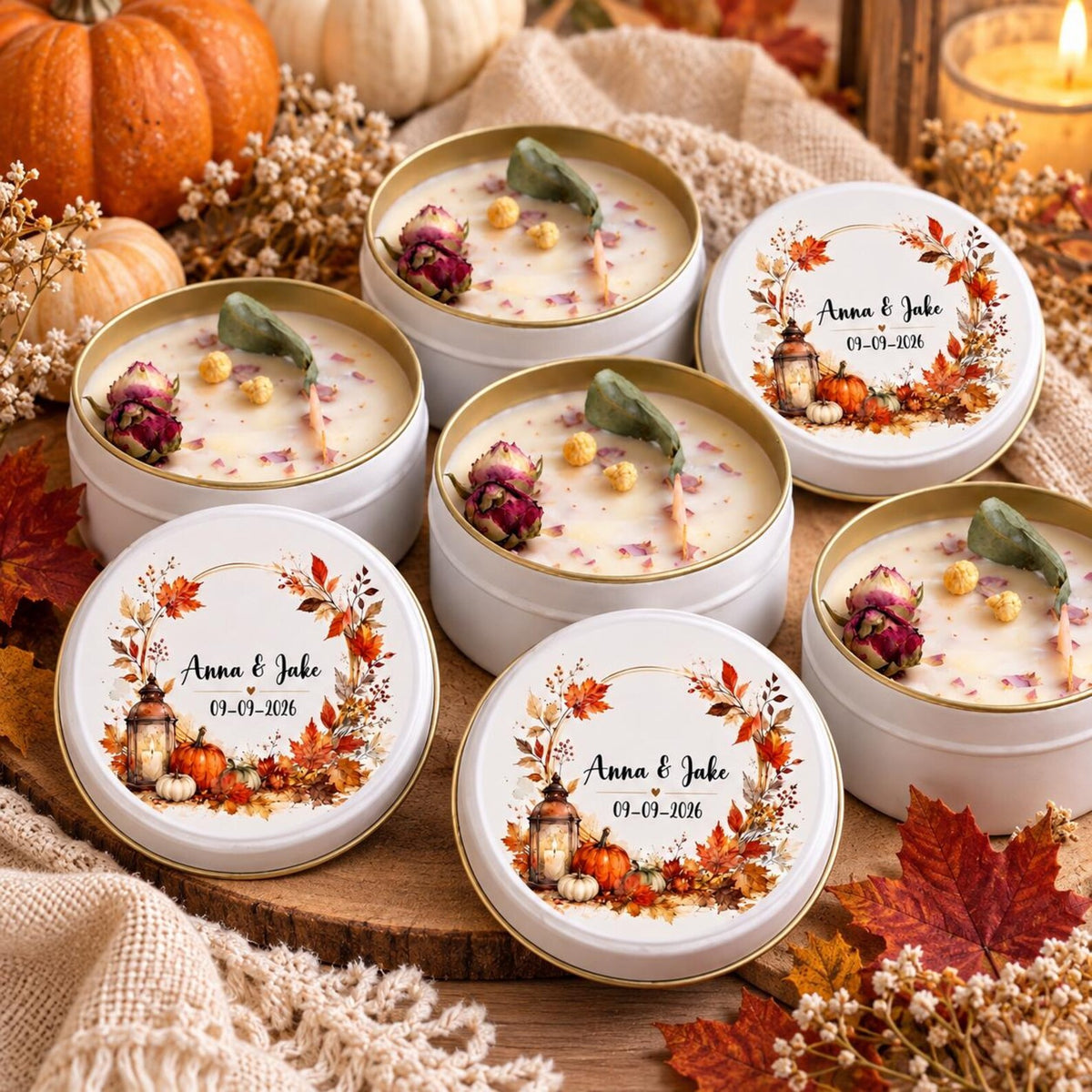 Personalised Autumn Soy Candle Wedding Favours
