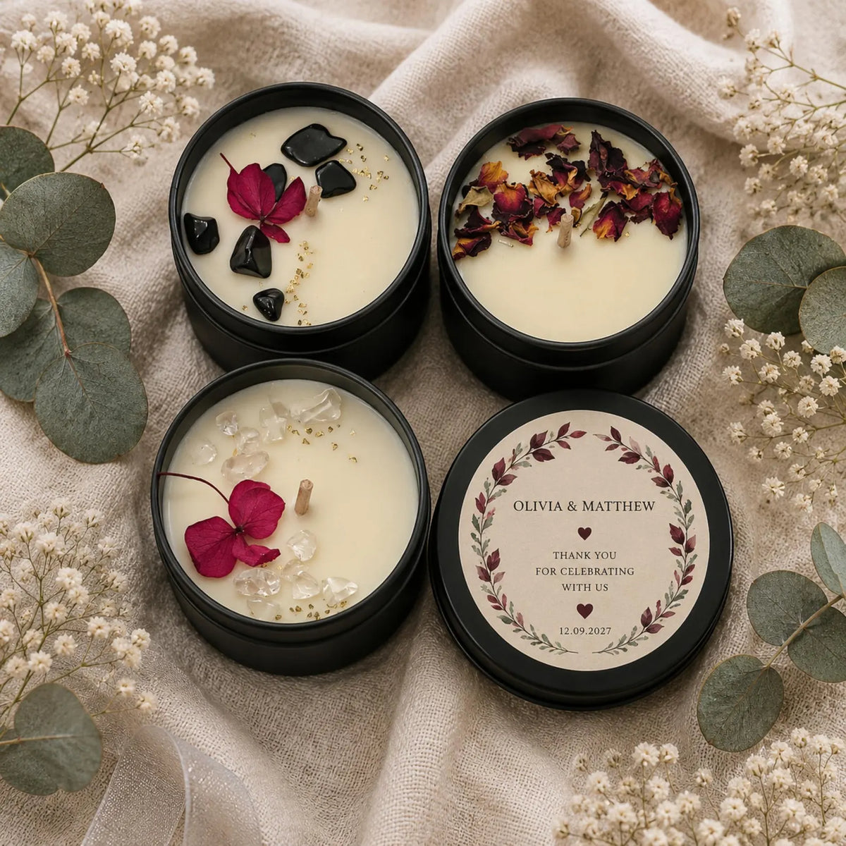 Personalised Soy Candle Wedding Favours – 50ml Keepsake Tins