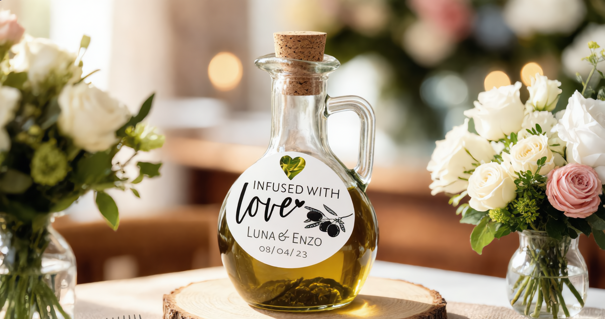 A clear glass oil bottle with a cork stopper and handle sits on a wood slice in a softly blurred indoor setting. The bottle is filled with golden olive oil and has a round white label reading 'Infused with love' with names and a date.