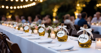 A long wedding reception table set with white tablecloths, small floral centerpieces, candles, and decorative glass bottles tied with white ribbons and labeled 'partea'. The background shows a softly blurred outdoor event scene with warm string lights and guests seated at other tables.